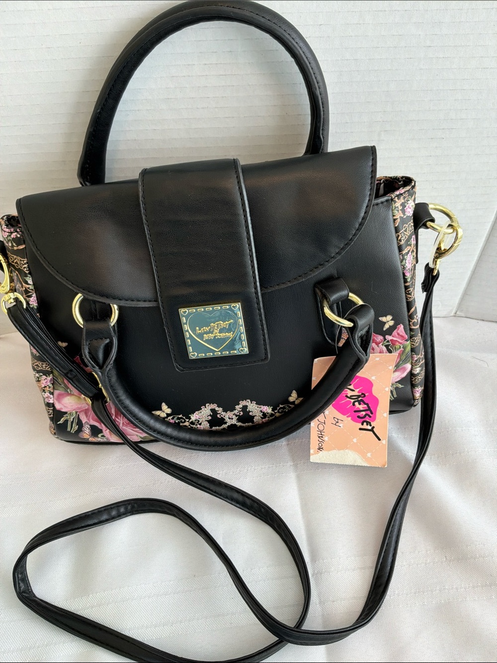 Betsey Johnson Black Satchel with Pink Floral Trim